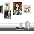 Modern Art Gallery Display With Wall Mounted Paintings Tabletop Sculptures And Decor