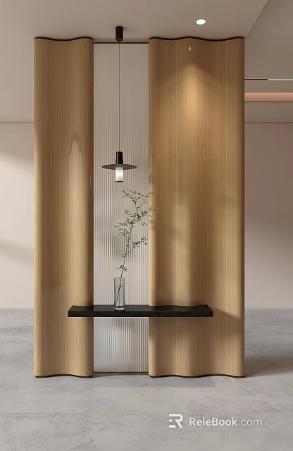 Stylish Wooden Room Divider Interior With Black Shelf Hanging Lamp And Green Plant Vase 3d model 