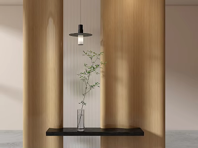 Stylish Wooden Room Divider Interior With Black Shelf Hanging Lamp And Green Plant Vase 3d model