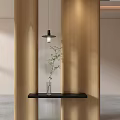 Stylish Wooden Room Divider Interior With Black Shelf Hanging Lamp And Green Plant Vase