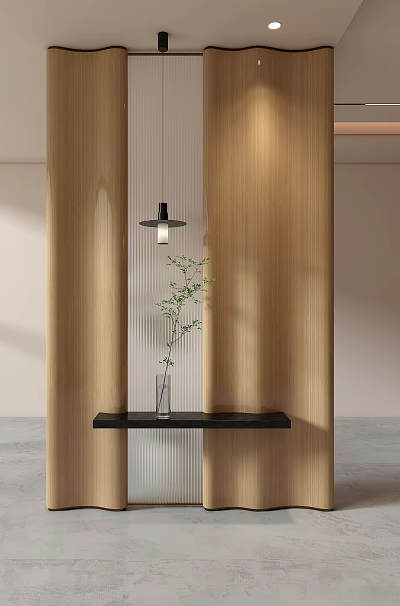 Stylish Wooden Room Divider Interior With Black Shelf Hanging Lamp And Green Plant Vase 3d model