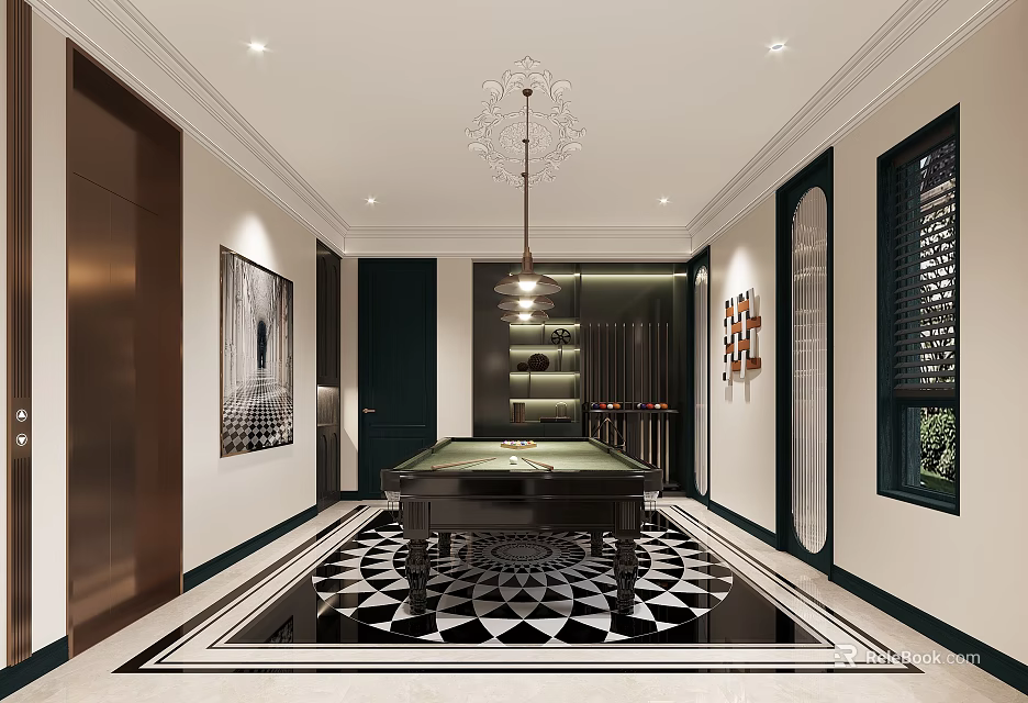 Modern Basement Interior With Billiard Table And Elegant Decor 3d model