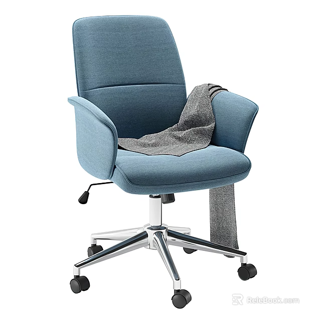 Modern Blue Fabric Office Chair With Armrests And Gray Blanket On Seat 3d model 