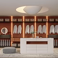 Stylish Walk-in Closet Interior Featuring White Shirts Brown Walls Mirror And White Countertop