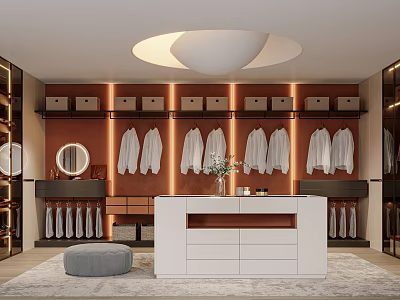 Stylish Walk-in Closet Interior Featuring White Shirts Brown Walls Mirror And White Countertop 3d model