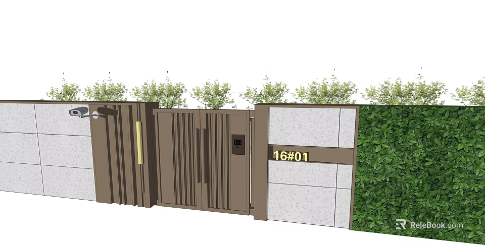 Residential Entrance Gate With 16#01 Number Plate Green Plants And Gray Wall Design 3d model 