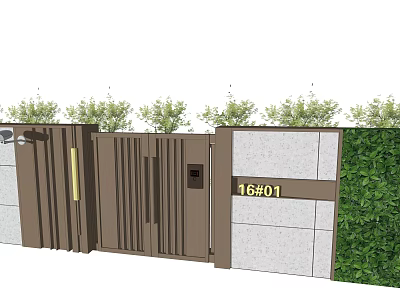 Residential Entrance Gate With 16#01 Number Plate Green Plants And Gray Wall Design 3d model