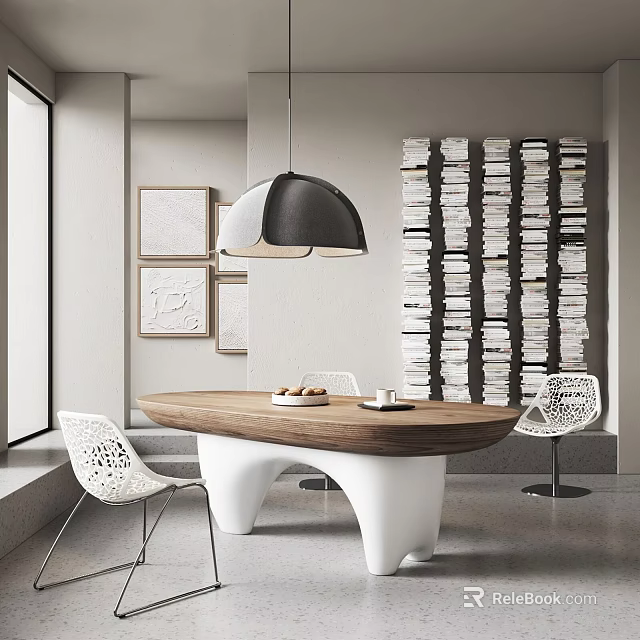 Modern Study Room with Wooden Desk White Chair Pendant Light and Stacked Wall Books 3d model 