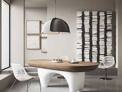 Modern Study Room with Wooden Desk White Chair Pendant Light and Stacked Wall Books 3d model