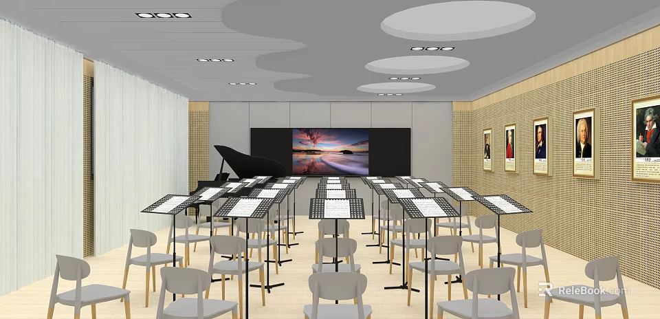 School Music Classroom Featuring Music Stands Chairs Piano Large Screen And Paintings 3d model 