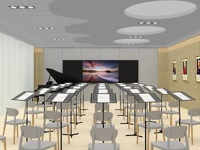 School Music Classroom Featuring Music Stands Chairs Piano Large Screen And Paintings 3d model