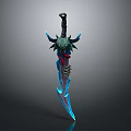 Decorative Fantasy Sword With Horned Hilt And Blue Glowing Blade Design