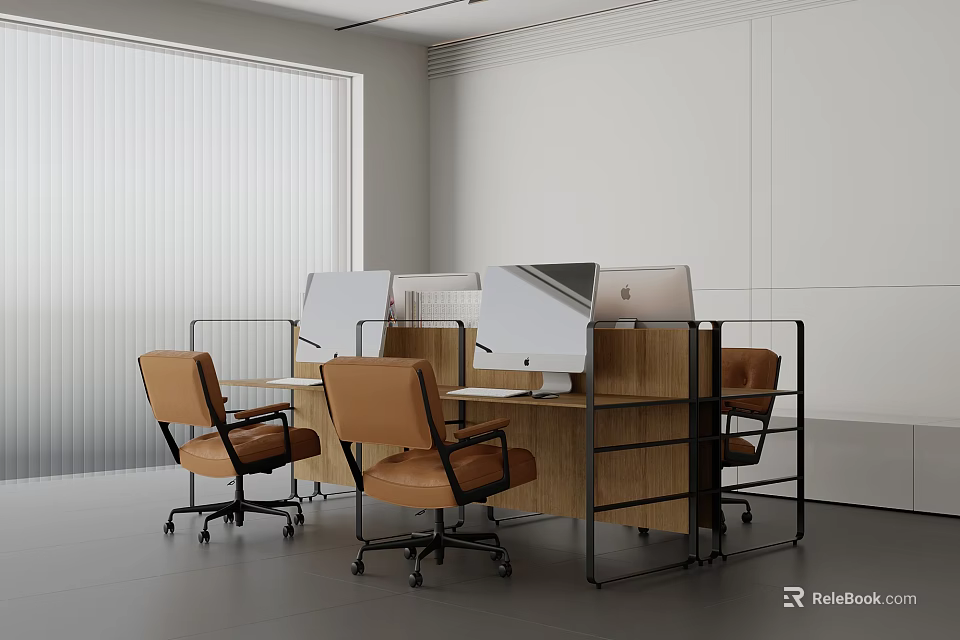 Modern Office Desk With Wooden Top Metal Frame Dividers And Ergonomic Chairs 3d model 