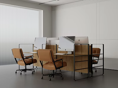 Modern Office Desk With Wooden Top Metal Frame Dividers And Ergonomic Chairs 3d model