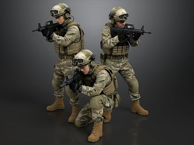Three Soldiers in Military Camouflage Uniforms With Helmets and Rifles in Combat Stance 3d model
