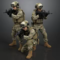 Three Soldiers in Military Camouflage Uniforms With Helmets and Rifles in Combat Stance