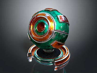 Green And Orange Metallic Sphere With Base Stand Decorative Artwork Design 3d model