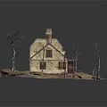 Yellow House Miniature Model With Silver Roof Chimney And Bare Trees