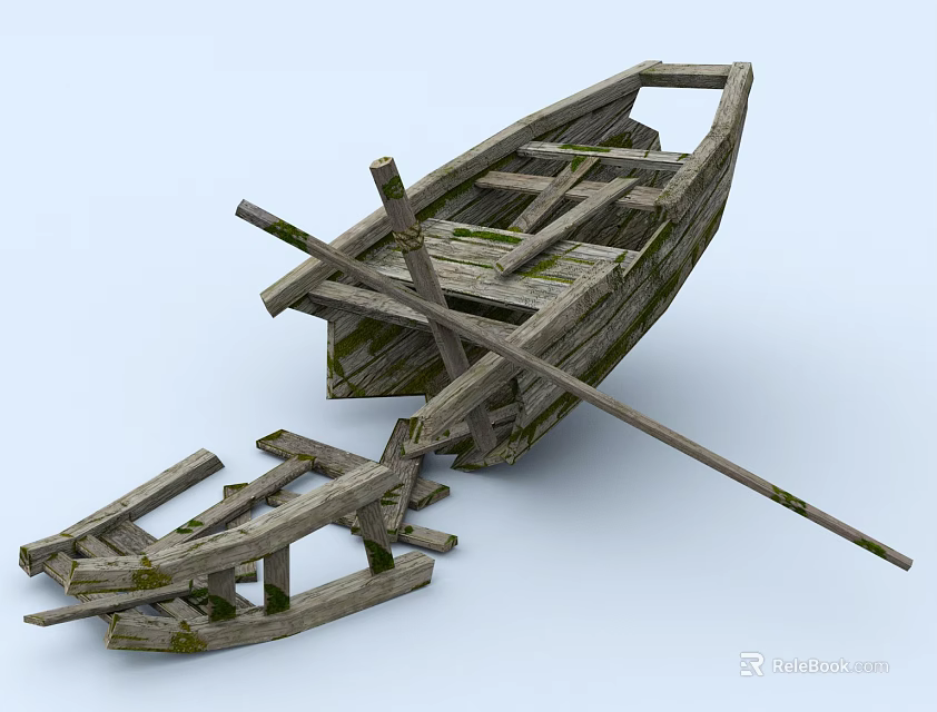 Vintage Weathered Old Wooden Boat with Oars and Broken Planks 3d model 
