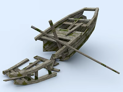 Vintage Weathered Old Wooden Boat with Oars and Broken Planks 3d model
