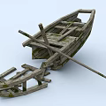 Vintage Weathered Old Wooden Boat with Oars and Broken Planks