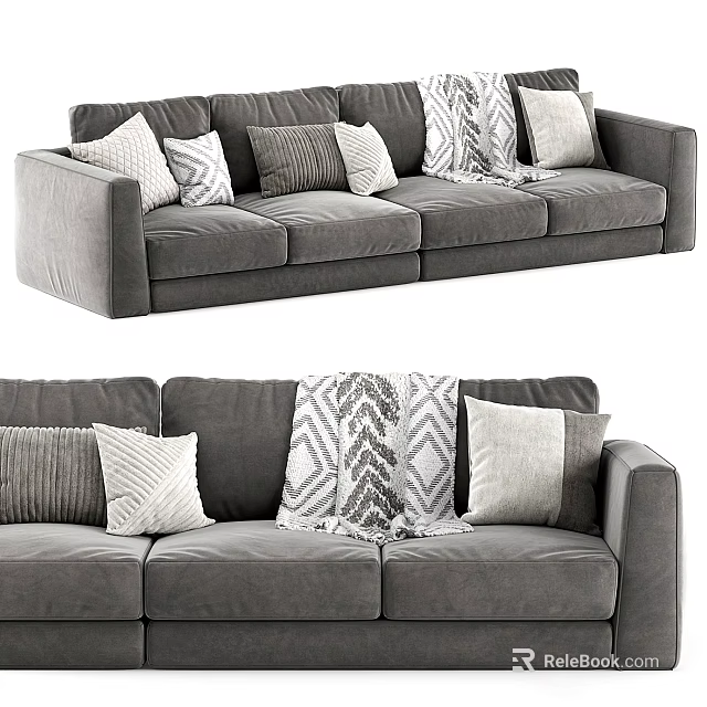 Modern Grey Sectional Sofa With Multiple Patterned Pillows And Soft Throw Blanket 3d model