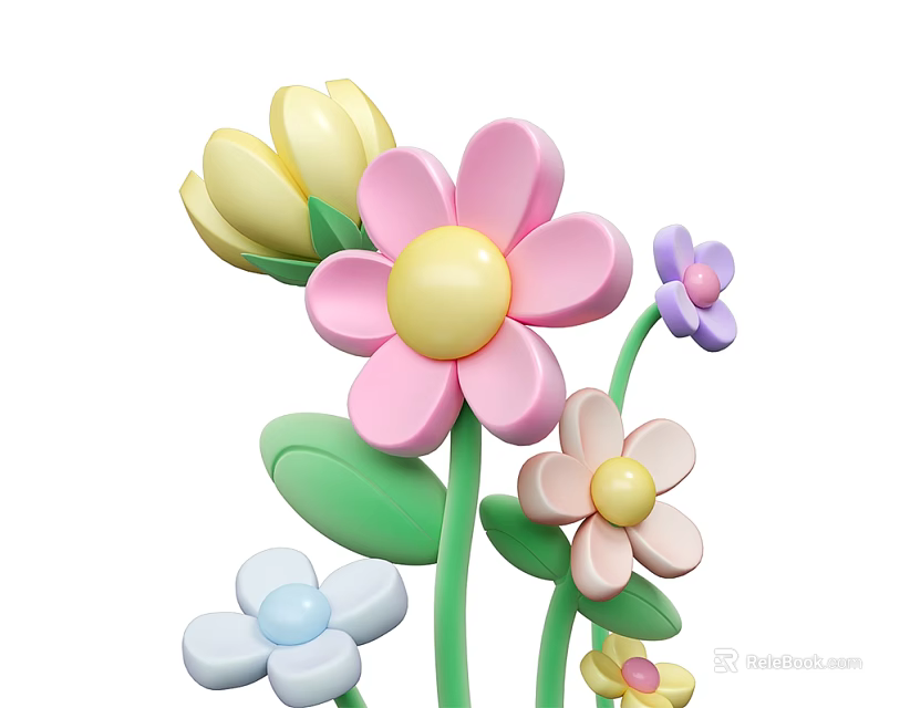Cute Colorful Flowers With Pink Yellow Purple Blue Petals And Green Leaves 3d model 