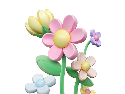 Cute Colorful Flowers With Pink Yellow Purple Blue Petals And Green Leaves 3d model