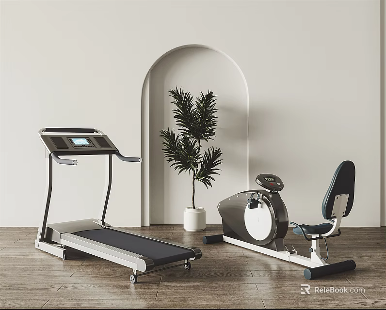 Treadmill And Exercise Bike Sports Equipment In Modern Interior With Arched Doorway And Plant 3d model 