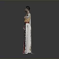 Woman in traditional costume wearing white robe with golden patterns red sash and headpiece