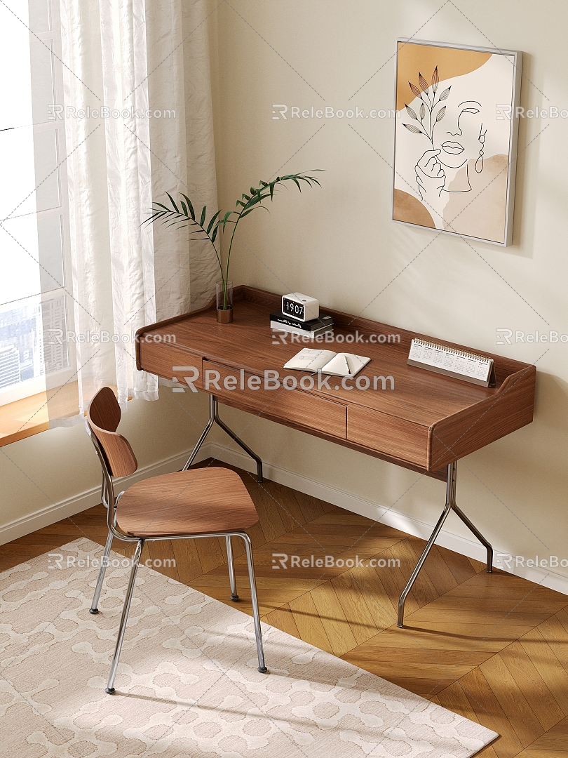 Middle-ancient style desk and chair wooden stainless steel leg table and chair combination 3d model