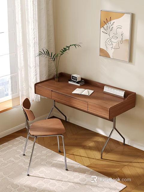 Wooden Desk With Open Book Small Clock Keyboard And Wooden Chair Green Plant By Window 3d model 