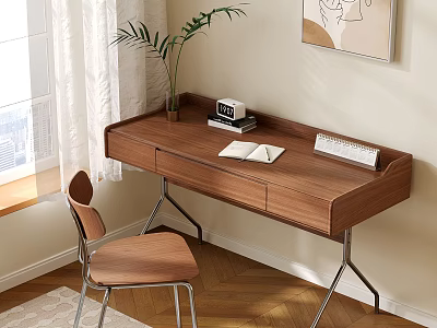 Wooden Desk With Open Book Small Clock Keyboard And Wooden Chair Green Plant By Window 3d model