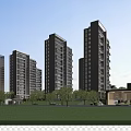 Modern High Rise Residential Buildings With Green Lawn Trees And Community Clubhouse