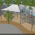 Kindergarten Outdoor Playground Featuring Slide Climbing Equipment Canopy Trees And Wooden Tiled Flooring