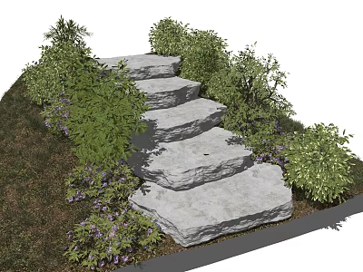 Natural Stone Stepping Stones Surrounded by Green Plants and Purple Flowers 3d model