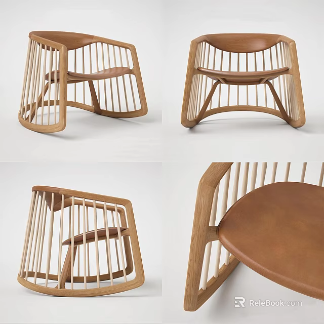 Modern Wooden Leisure Chair With Slatted Backrest And Curved Frame Details 3d model 