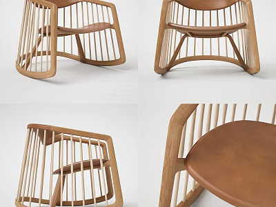 Modern Wooden Leisure Chair With Slatted Backrest And Curved Frame Details 3d model
