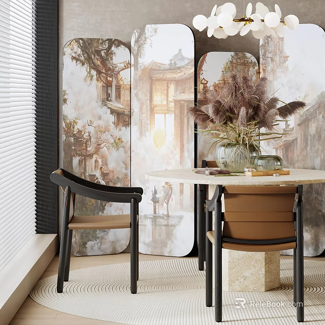 Modern Table And Chair Set With Marble Tabletop Black Frame Brown Seat And Decorative Mural 3d model 