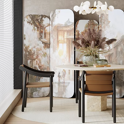 Modern Table And Chair Set With Marble Tabletop Black Frame Brown Seat And Decorative Mural 3d model