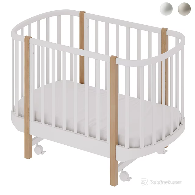 Modern White Baby Crib With Wooden Posts Wheels And Comfortable Mattress 3d model 