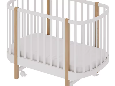 Modern White Baby Crib With Wooden Posts Wheels And Comfortable Mattress 3d model