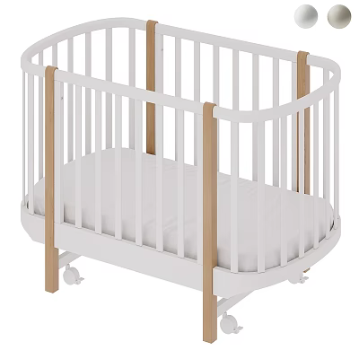 Modern White Baby Crib With Wooden Posts Wheels And Comfortable Mattress 3d model