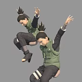 Game Movie Character In Green Outfit With Black Stripes Multiple Action Poses Jumping Squatting