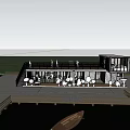 Waterfront Container Building With Staircase Wooden Platform And Small Boat On Lake
