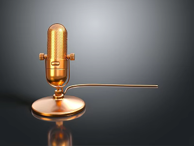 Golden Microphone With Stand Base And Extended Cable On Dark Background 3d model