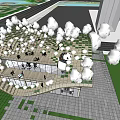 Modern Sales Office Building With Green Roof Surrounded by Trees and Outdoor Seating Area
