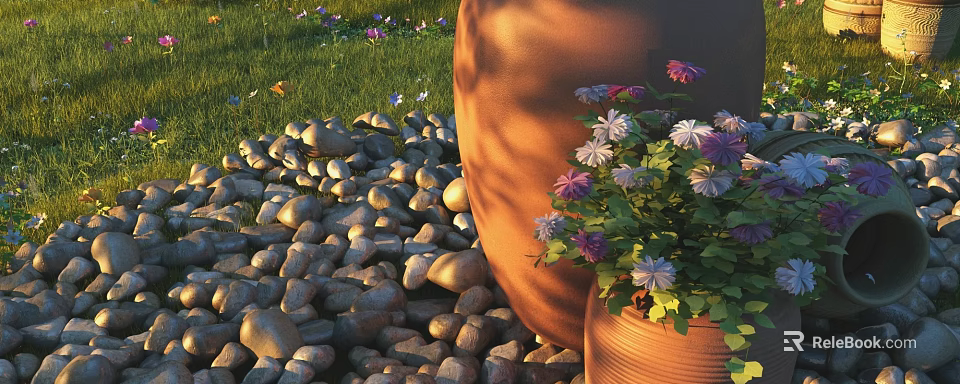 Bonsai Plant in Terracotta Pot with Purple And White Flowers Green Grass Near Stone Pile 3d model 