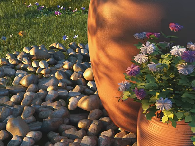 Bonsai Plant in Terracotta Pot with Purple And White Flowers Green Grass Near Stone Pile 3d model