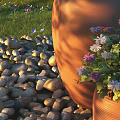 Bonsai Plant in Terracotta Pot with Purple And White Flowers Green Grass Near Stone Pile